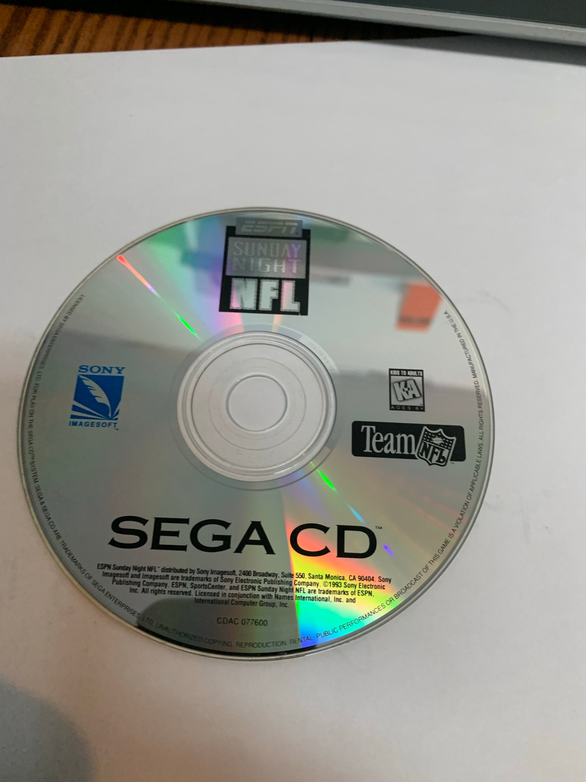 espn sunday night nfl disc only sega cd
